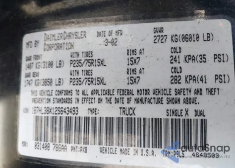 2002 Dodge Dakota Sport из США, поврежденный, VIN 1B7HL38X12S643493